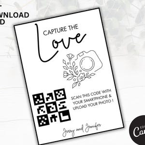 Condividi il modello di cartello con codice QR dell'amore, semplice scansione di foto di matrimonio e condivisione di cartello fai da te, elegante arredamento moderno, modello canva modificabile