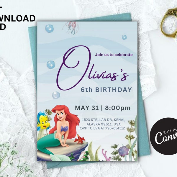 Little Mermaid Birthday Invitation Template Editable,Mermaid Invite,Princess Birthday Party Invites,Under the Sea Birthday ,Mermaid Birthday