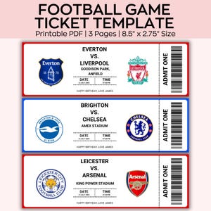 Boleto de fútbol editable, boleto de regalo para un partido de fútbol, boleto de cumpleaños de fútbol, plantilla de regalo de aniversario o cumpleaños para amantes del fútbol