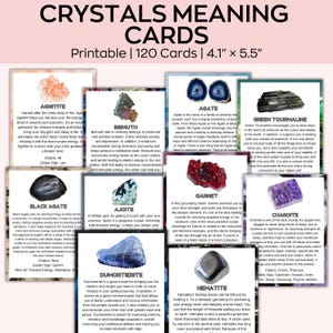 Puede incluir: Un conjunto de 120 tarjetas imprimibles de significado de cristales, cada una de 10,4 cm x 14 cm, con varios cristales como &Aacute;gata, Granate y &Aacute;gata Negra. Las tarjetas proporcionan informaci&oacute;n.