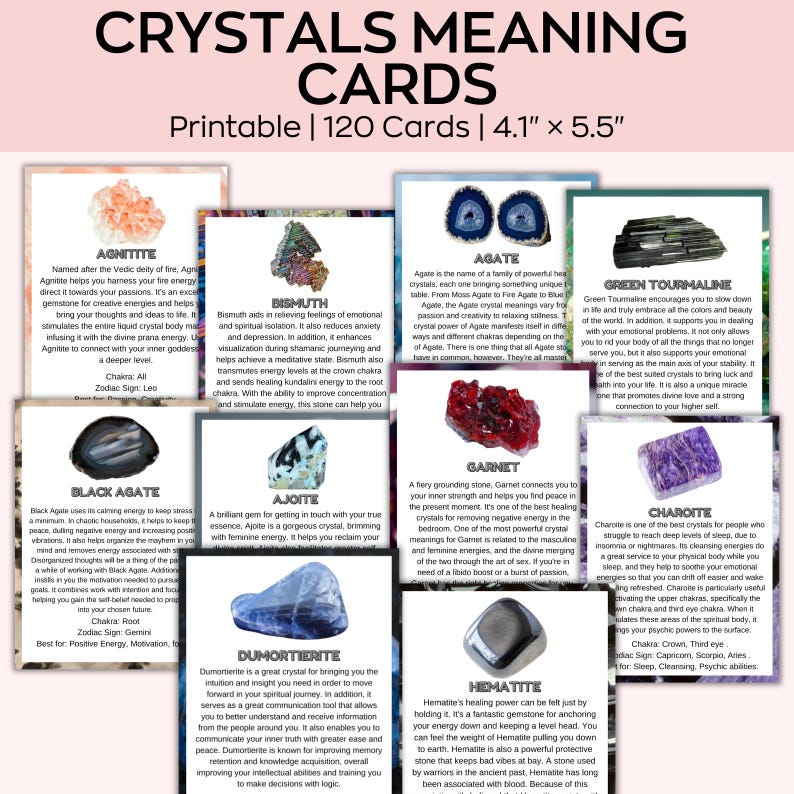 Puede incluir: Un conjunto de 120 tarjetas imprimibles de significado de cristales, cada una de 10,4 cm x 14 cm, con varios cristales como &Aacute;gata, Granate y &Aacute;gata Negra. Las tarjetas proporcionan informaci&oacute;n.