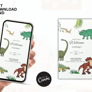 Bunte Dinosaurier-Einladung, Dinosaurier lädt ein, Sofortiger Download Dinosaurier-Einladungen, Dino-Geburtstagsvorlage, Dschungeltiere-Einladung