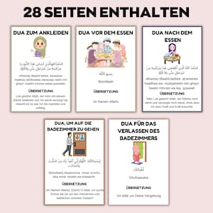 May include: Six illustrated cards with Arabic text and German translations, covering topics such as dressing, eating, and bathroom etiquette. The title "28 Seiten Enthalten" is displayed at the top of the image.