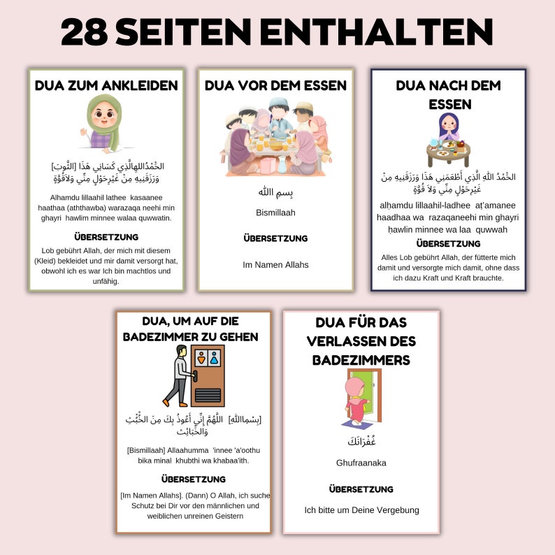 May include: Six illustrated cards with Arabic text and German translations, covering topics such as dressing, eating, and bathroom etiquette. The title "28 Seiten Enthalten" is displayed at the top of the image.