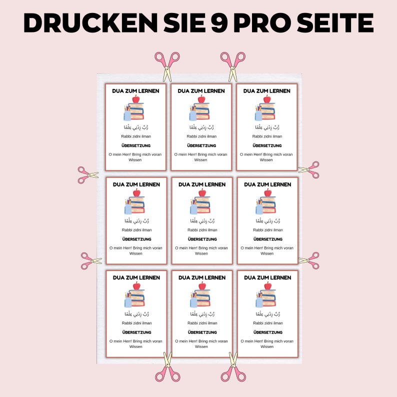 May include: A printable sheet with nine small cards, each featuring text in Arabic and German. The cards have a red border and include illustrations of books, pencils, and apples. Pink scissors are placed around the cards.