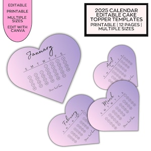 Adornos para tartas con forma de corazón para el calendario 2025, plantilla para calendario con adornos para tartas quemados, glaseado de azúcar, papel de oblea, adorno para tarta, Canva editable