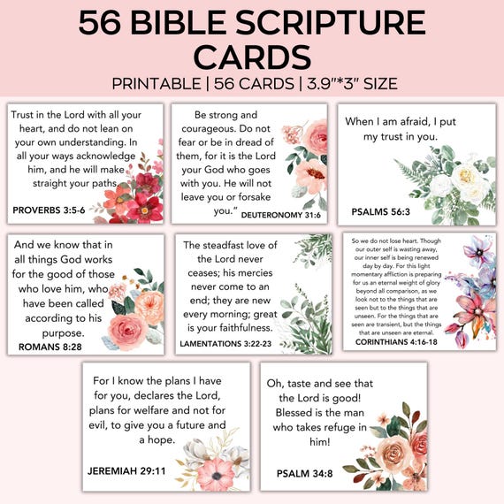 56 Bible Scripture Cards ,Encouragement Bible Verse,Bible Verse Cards,Bible Study Printable ,Printable Prayer ,Bible Memory Verse