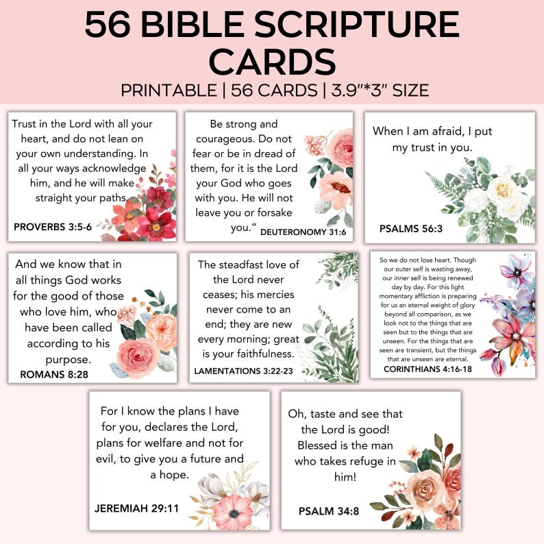 Puede incluir: Juego imprimible de 56 tarjetas de vers&iacute;culos b&iacute;blicos, cada una de 9,9 cm x 7,6 cm, con citas inspiradoras e ilustraciones florales. Las tarjetas incluyen vers&iacute;culos de Proverbios, Deuteronomio, Salmos, Romanos, Lamentaciones, Jerem&iacute;as y Corintios. Dise&ntilde;o con fondo blanco y detalles florales.