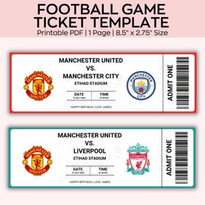 Bearbeitbares Fußballticket, Fußball-Geburtstagsticket, Fußballspiel-Kartengeschenk, Vorlagenjubiläum oder Geburtstagsgeschenk für Fußballliebhaber