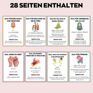 May include: A collection of illustrated cards featuring Arabic script and German translations. The cards are themed around Islamic prayers, such as those for anxiety, thanks, and well-being. The title "28 SEITEN ENTHALTEN" is at the top.