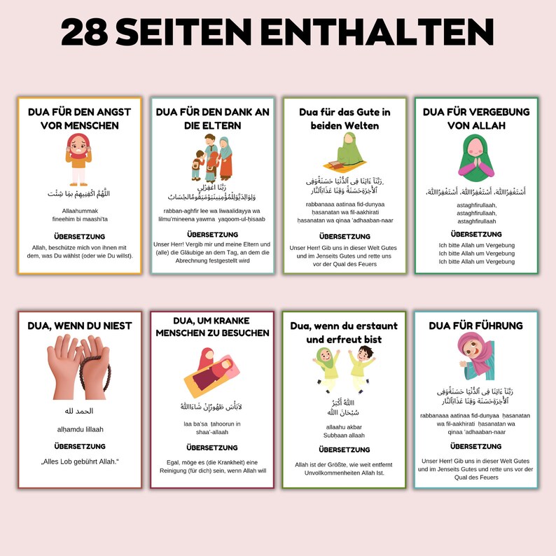 May include: A collection of illustrated cards featuring Arabic script and German translations. The cards are themed around Islamic prayers, such as those for anxiety, thanks, and well-being. The title "28 SEITEN ENTHALTEN" is at the top.