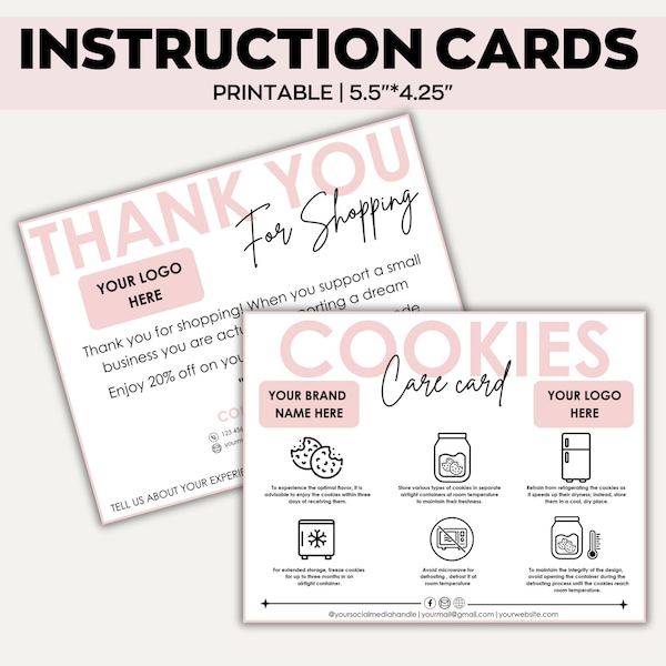 Cookies Care Card Template ,Canva Template ,Cookie Thank You Card For Customers,Editable Cookie Instructions Card,Custom Care Card.