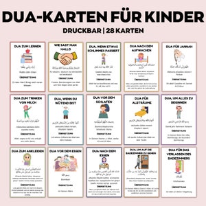 May include: A collection of 28 printable Dua cards for children, with illustrations and Arabic text alongside German translations. The cards cover various Islamic prayers for different occasions.