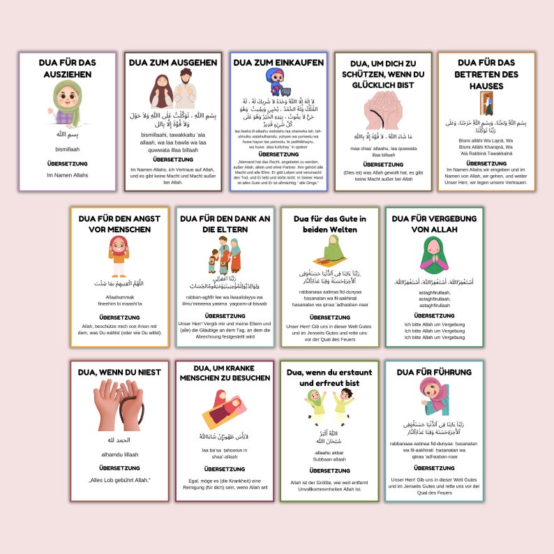 May include: A set of 12 Islamic prayer cards, each with Arabic script and German translations. The cards are illustrated and cover various prayers for different occasions, including prayers for protection and guidance.