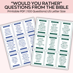 May include: Printable PDF with 100 "Would You Rather" questions from the Bible. The cards are US Letter size and feature questions about the Old and New Testaments. The cards are white with blue text and accents.