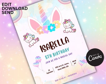 Unicorn Rainbow Birthday Party Invitation Template, Editable Unicorns Rainbows Sparkles and Gold Invite Pastel Floral, 1st Birthday Girl