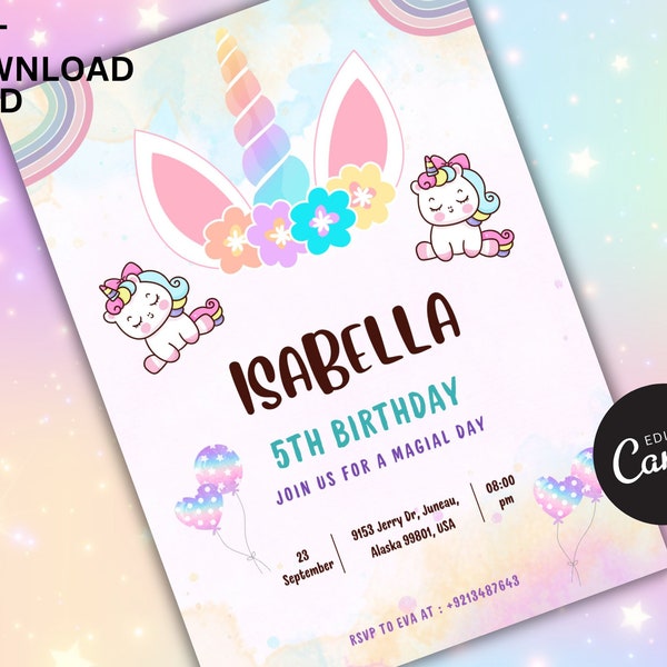 Unicorn Rainbow Birthday Party Invitation Template, Editable Unicorns Rainbows Sparkles and Gold Invite Pastel Floral, 1st Birthday Girl
