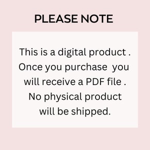 以下が含まれることがあります： 上部に「PLEASE NOTE」というテキストが入った白い長方形のカード。下には「This is a digital product. Once you purchase you will receive a PDF file. No physical product will be shipped.」と書かれています。