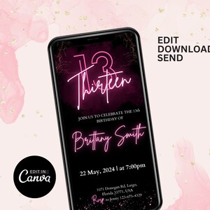 13. Geburtstagseinladung für Mädchen & Jungen, Neon Pink Tamplate, Digita 13 Bday lädt ein, Überraschungs-Geburtstagsfeier, canva editierbare E-Vorlage