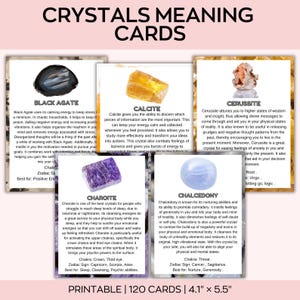 Puede incluir: Un conjunto de tarjetas imprimibles con el significado de los cristales, cada una de 10,4 x 14 cm. Las tarjetas presentan varios cristales como &Aacute;gata Negra, Calcita, Cerusita, Charo&iacute;ta y Calcedonia, con descripciones de sus propiedades. El texto es negro sobre fondo blanco.
