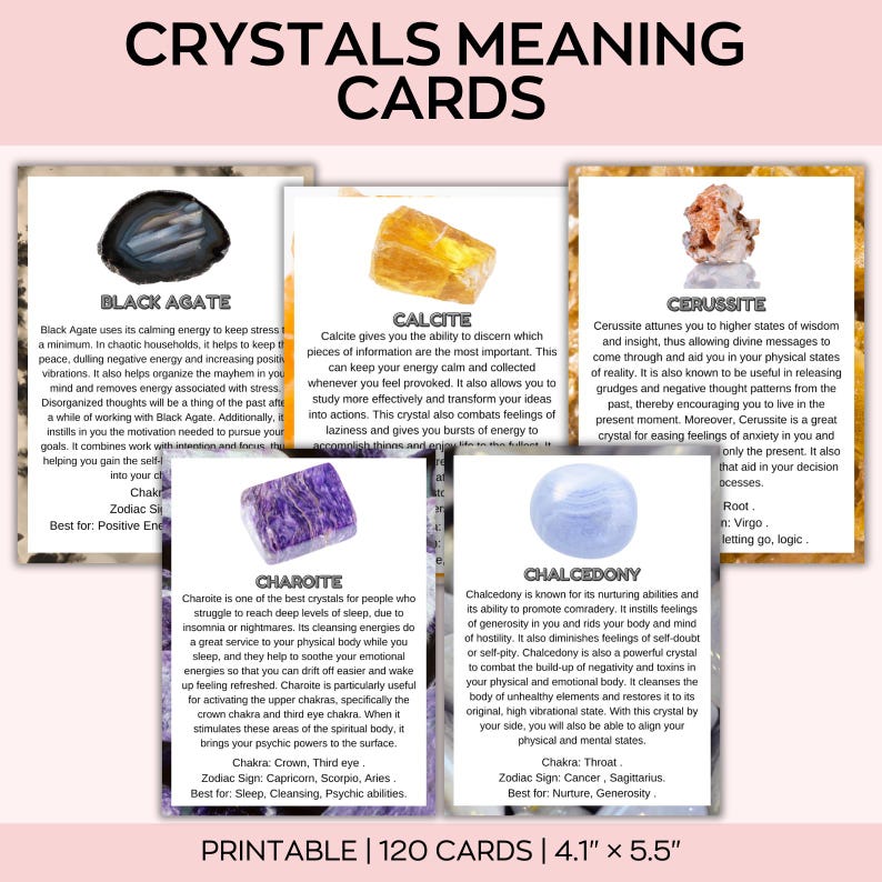 Puede incluir: Un conjunto de tarjetas imprimibles con el significado de los cristales, cada una de 10,4 x 14 cm. Las tarjetas presentan varios cristales como &Aacute;gata Negra, Calcita, Cerusita, Charo&iacute;ta y Calcedonia, con descripciones de sus propiedades. El texto es negro sobre fondo blanco.