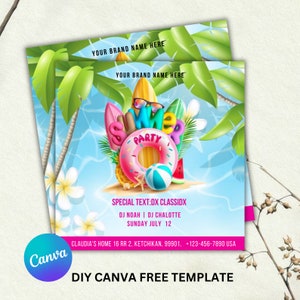 Uitnodiging voor zwembadfeestje, flyer zomerfeest, sjabloonontwerp DIY-flyer, flyer zomerfeestje, flyer zomerevenement, vooraf gemaakte Instagram-post