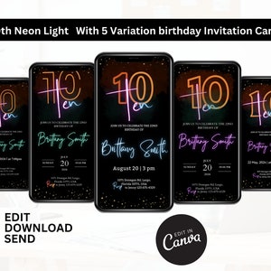 ネオンライトの誕生日招待状、編集可能な電子招待状テンプレート、10歳の誕生日招待状、光るパーティー、子供の誕生日、パーティーをしよう、誕生日のテキストメッセージ