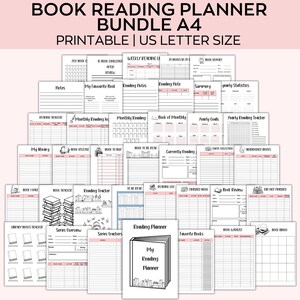 May include: A collection of printable book reading planner pages, including trackers, notes, and reviews. The bundle includes US Letter size pages with titles like "My Library" and "Book Review". The top text reads "BOOK READING PLANNER BUNDLE A4".