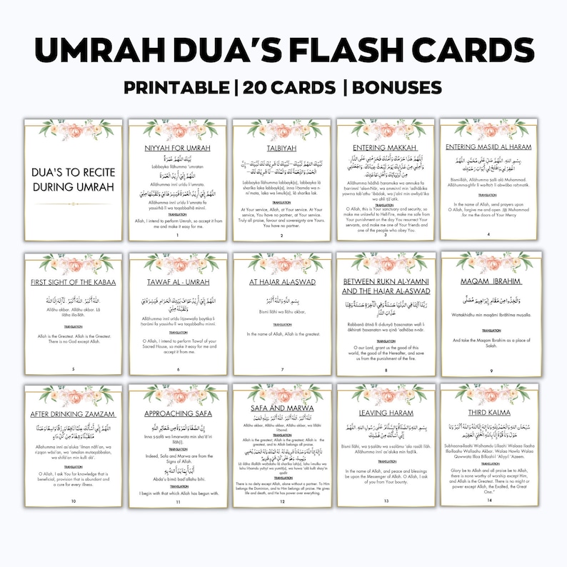 Floral Umrah Dua Printable, Umrah Blue Dua Cards, Umrah Guide ...