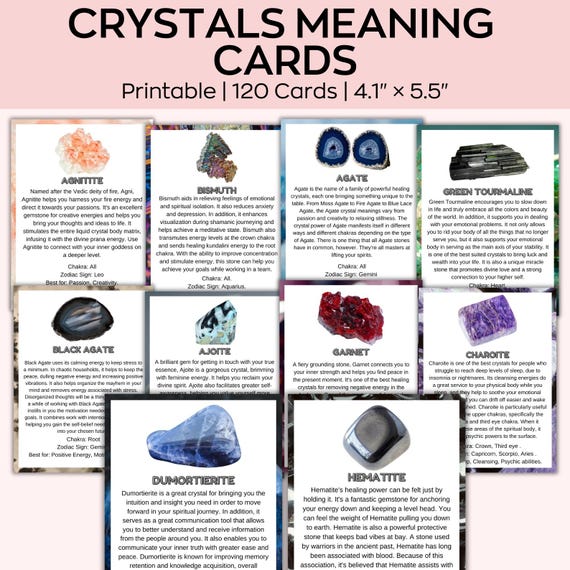 100 Printable Crystal Meaning Cards, Printable Gemstone Meaning Cards, Personal and Commercial Use, Crystal Healing and Wellness Guides