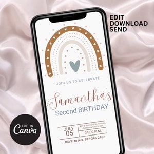 Modelo editável de 2º aniversário de arco-íris Boho, convite de aniversário de menina divertida, canva Selfediting, aniversário eletrônico de arco-íris, convite de festa Template