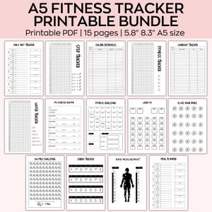 Può includere: Pacchetto stampabile di fitness tracker A5 con 15 pagine. Include tracker giornalieri di dieta, passi e allenamento, sfide di fitness e tabelle di misurazione del corpo. Le pagine misurano 14,7 cm x 21,1 cm.