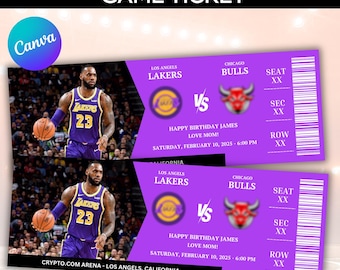 May include: Two purple basketball game tickets with the text "EDITABLE BASKETBALL GAME TICKET". The tickets feature a photo of a basketball player and the Los Angeles Lakers vs. Chicago Bulls logos. The tickets read "HAPPY BIRTHDAY JAMES LOVE MOM!"