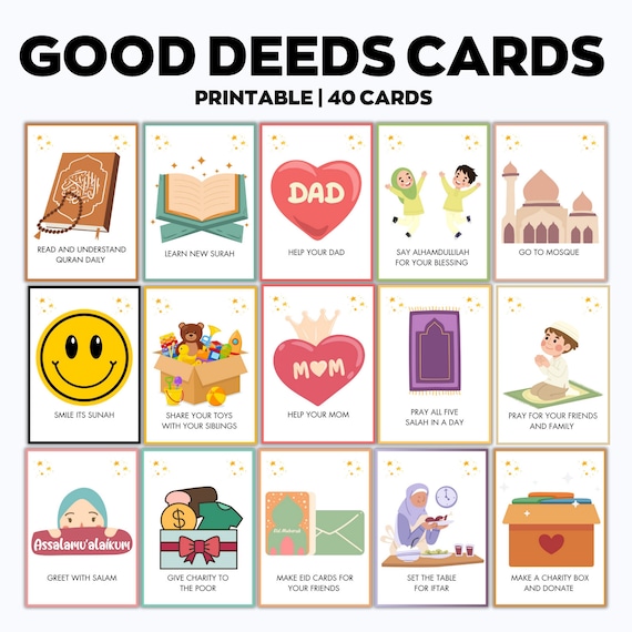 Good Deeds Cards Printable, Ramadan Cards, Ramadan Advent Cards, Kids Good Deeds, Ramadan kids Activities, Muslim Activity, Ramadan Calendar