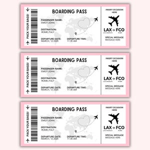 K&ouml;nnte beinhalten: Drei rosa Bordkarten mit schwarzem Text und Grafiken. Jeder Pass enth&auml;lt Passagierinformationen, Zielort Rom, Italien, und Abfahrtsdetails. Die P&auml;sse zeigen eine Weltkarte, Flugzeugsymbole und den Text "PACK YOUR BAGS!"