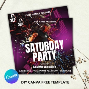 Bearbeitbare Club Flyer Vorlage für Canva, DIY Event Flyer, Party Flyer, Digital Geburtstag Flyer, DJ Party einladen für Social Media, Instagram