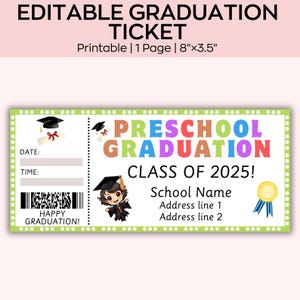 2025 Bearbeitbare Vorschul-Abschlusszeremonie-Eintrittsvorlage, Einladungsankündigung für Schulabgänger, Einladung zur Vorschulfeier