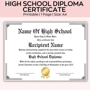 Diplôme d'études secondaires à imprimer, Diplôme d'études collégiales, modèle de réplique de diplôme, certificat imprimable avec sceau, modifiable sur toile