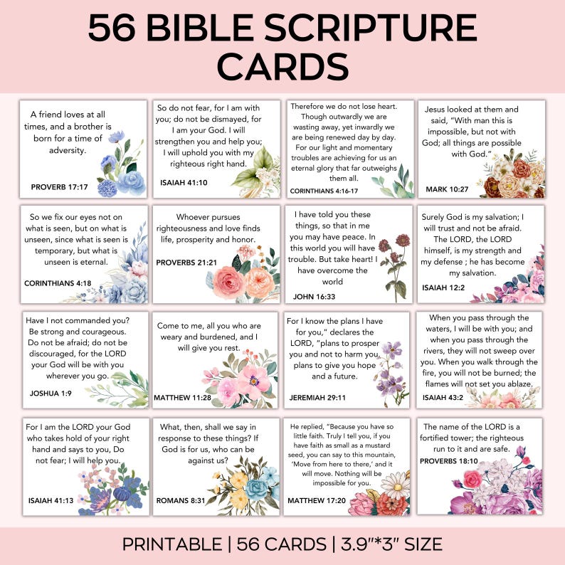 Puede incluir: Juego de 56 tarjetas de vers&iacute;culos b&iacute;blicos con detalles florales. Cada tarjeta presenta un vers&iacute;culo de la Biblia. Las tarjetas miden 9,9 cm por 7,6 cm. El texto incluye vers&iacute;culos de Proverbios, Isa&iacute;as y Mateo.