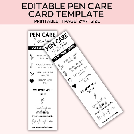 Editable Gel Pen Care Cards, Epoxy Pen Care Cards, Small Business, DIY Pen Packaging Cards, Printable Pen Care Instructions