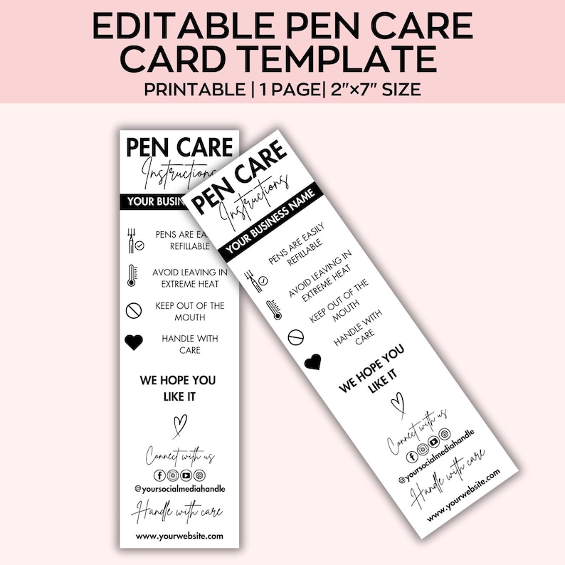 May include: Two white pen care instruction cards with black text. The cards include instructions such as "Pens are easily refillable" and "Avoid leaving in extreme heat." The cards are 2 inches by 7 inches.