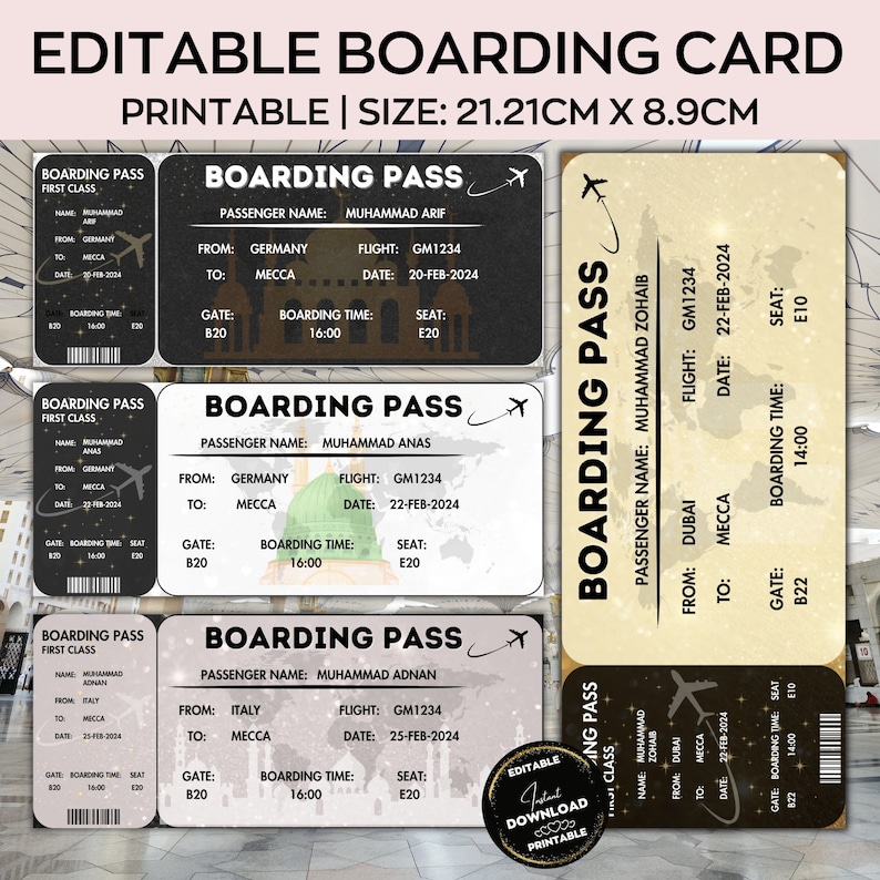 Hajj Boarding Pass,editable Hajj Plane Ticket,makkah Umrah Gift ,madinah,mecca Travel,memrobila