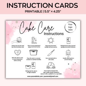 編集可能なケーキのお手入れとカットガイドのCanvaテンプレート、印刷可能なケーキのビジネスサンキュー、ケーキのお手入れの印刷可能なカード、ケーキの提供手順