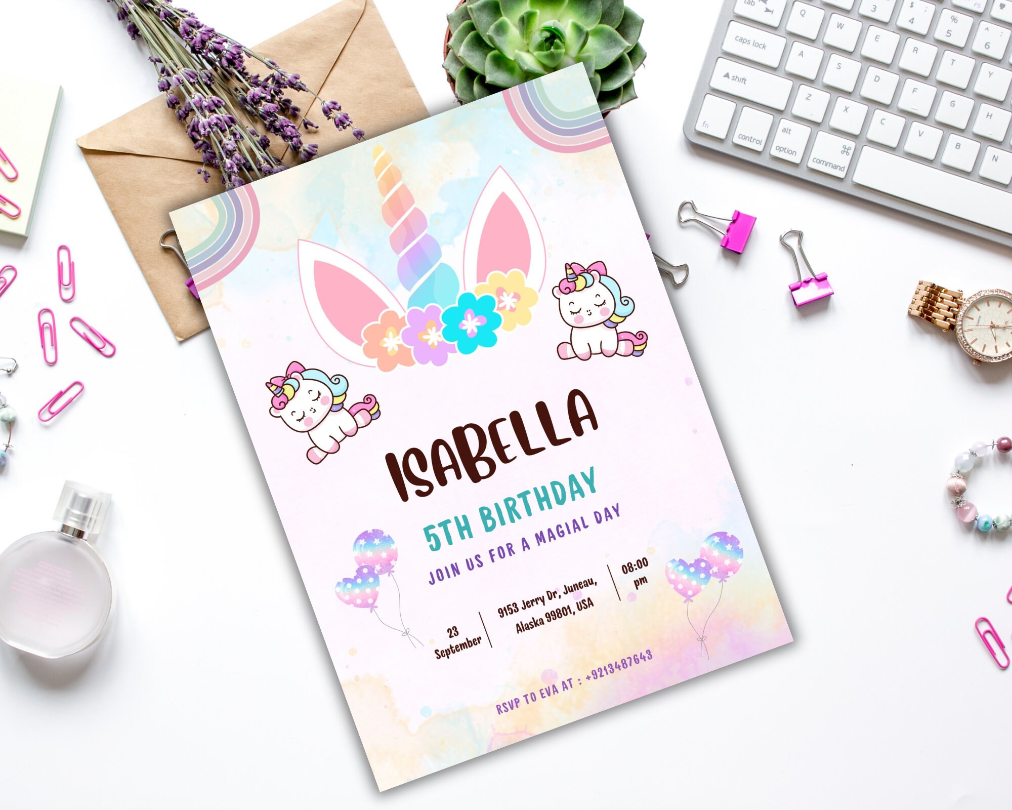 Unicorn Rainbow Birthday Party Invitation Template, Editable Unicorns Rainbows Sparkles and Gold ...