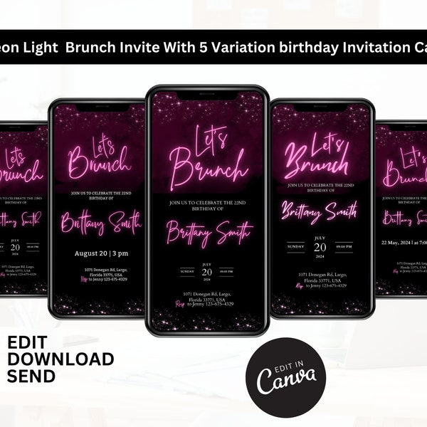 Neon Pink Birthday Brunch Invitation, Let's Brunch, Editable Template, Any Age Invite, Dinner Party Invite, Canva Editable, Evite Phone Text