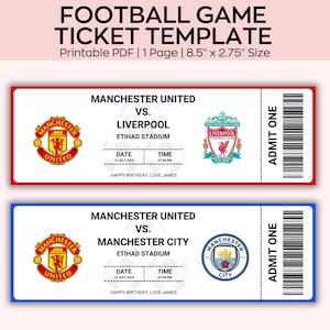 Bearbeitbares Fußballticket, Fußball-Geburtstagsticket, Fußballspiel-Kartengeschenk, Vorlagenjubiläum oder Geburtstagsgeschenk für Fußballliebhaber