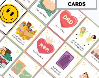 Good Deeds Cards Printable, Ramadan Cards, Ramadan Advent Cards, Kids Good Deeds, Ramadan kids Activities, Muslim Activity, Ramadan Calendar