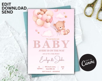 Baby Shower Invitation, Boho Teddy Bear Girls Baby Shower Invitation Template, Editable Printable Download,pink girls Boho Bear Baby Shower