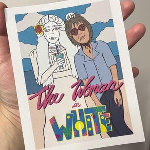 The Woman in White Weekend at Bernies parody postcard