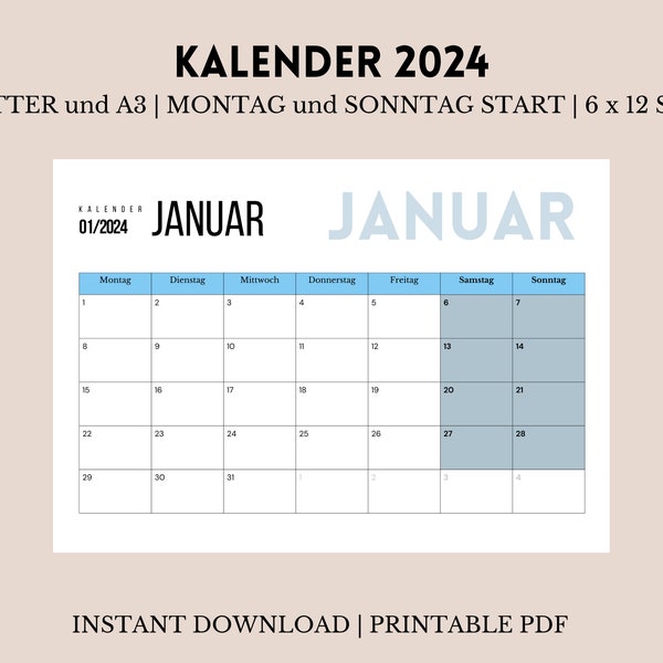 2024 Kalender Druckbar PDF | 2024 Calendar Printable | Deutsch | German | Montag und Sonntag Start | A4, Letter, A3 | Instant Download